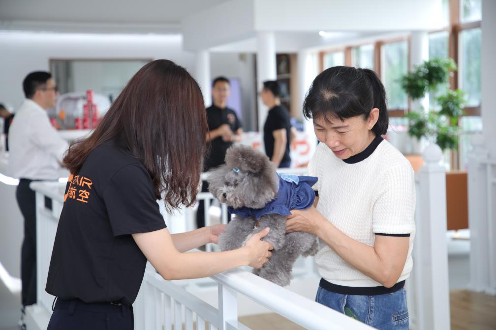Seekor anjing dijaga rapi di ruang menunggu haiwan peliharaan Lapangan Terbang Antarabangsa Bao’an Shenzhen di Provinsi Guangdong, selatan China pada 8 Mei 2024. (Foto/Xinhua)