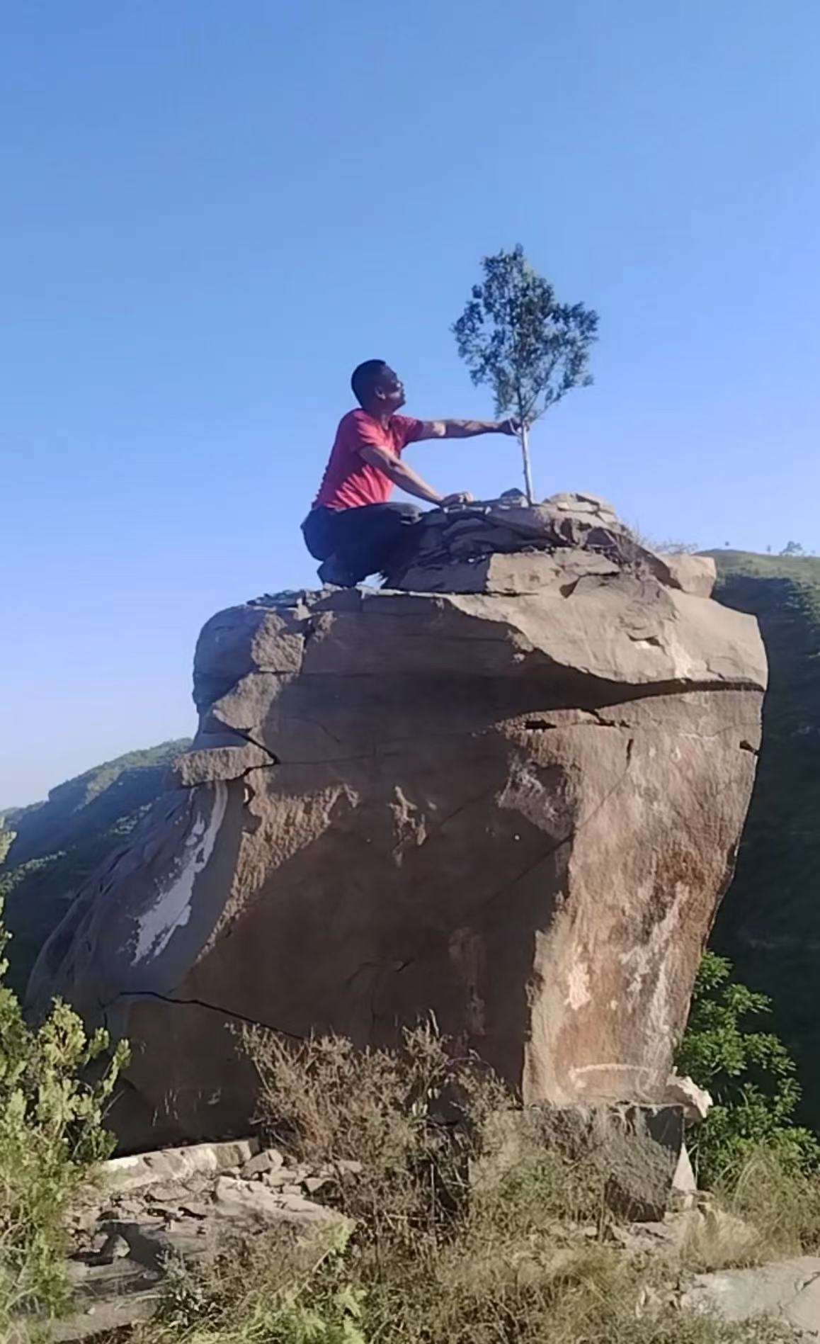 Foto fail memperlihatkan Hao Lei dan sebatang pokok yang ditanamnya di kaunti Yichuan, bandar Yan’an, Provinsi Shaanxi di barat laut China. (Foto ihsan individu yang diwawancara)