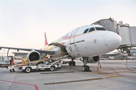 Seorang petugas sedang mengendalikan kargo di Lapangan Terbang Antarabangsa Caojiapu di Xining, Provinsi Qinghai, barat laut China. (Qinghai Daily/Zhang Peng)