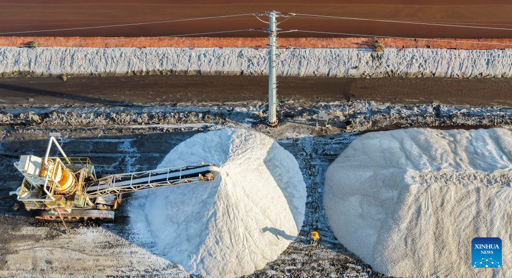 Foto dron yang diambil pada 1 September 2026 menunjukkan sebuah ladang garam yang masuk musim menuai di bandar Tangshan, provinsi Hebei, utara China. (Li Lei/Xinhua)