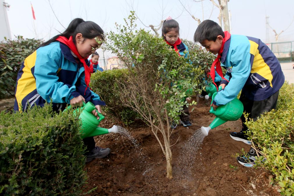 Murid-murid mengambil bahagian dalam acara menanam pokok bersama guru dan sukarelawan di sebuah sekolah rendah di Wuhan, provinsi Hubei, tengah China, 11 Mac 2026. (Foto oleh Zhao Jun/Xinhua)