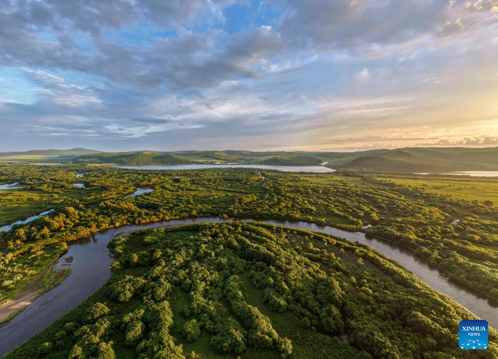 Foto udara yang diambil pada 10 Julai 2025 ini memperlihatkan keindahan panorama taman tanah basah negara Mianduhe yang terletak di Hulun Buir, Wilayah Autonomi Mongolia Dalam, utara China. (Xinhua/Ma Jinrui)