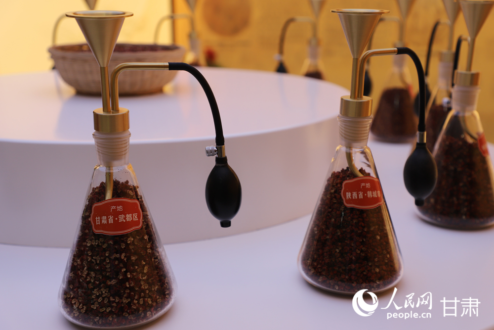 Foto menunjukkan lada Sichuan dipamerkan di dewan ekspo industri lada Sichuan di daerah Wudu, bandar Longnan, Provinsin Gansu di barat laut China. (People’s Daily Online/Shao Lan)