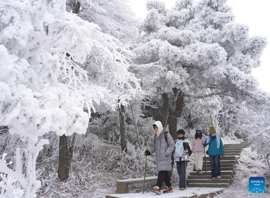 Pelancong menikmati pemandangan rime di kawasan berpemandangan indah gunung Hengshan di bandar Hengyang, provinsi Hunan, tengah China, 22 Januari 2026. (Foto oleh Cao Zhengping/Xinhua)