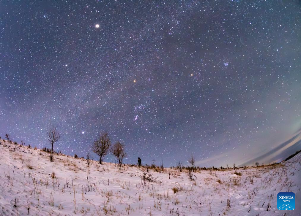 Foto komposit bertarikh 24 Januari 2026 ini menunjukkan pemandangan langit berbintang di bandar Fujin, provinsi Heilongjiang, utara China. (Foto oleh Geng Xiqing/Xinhua)