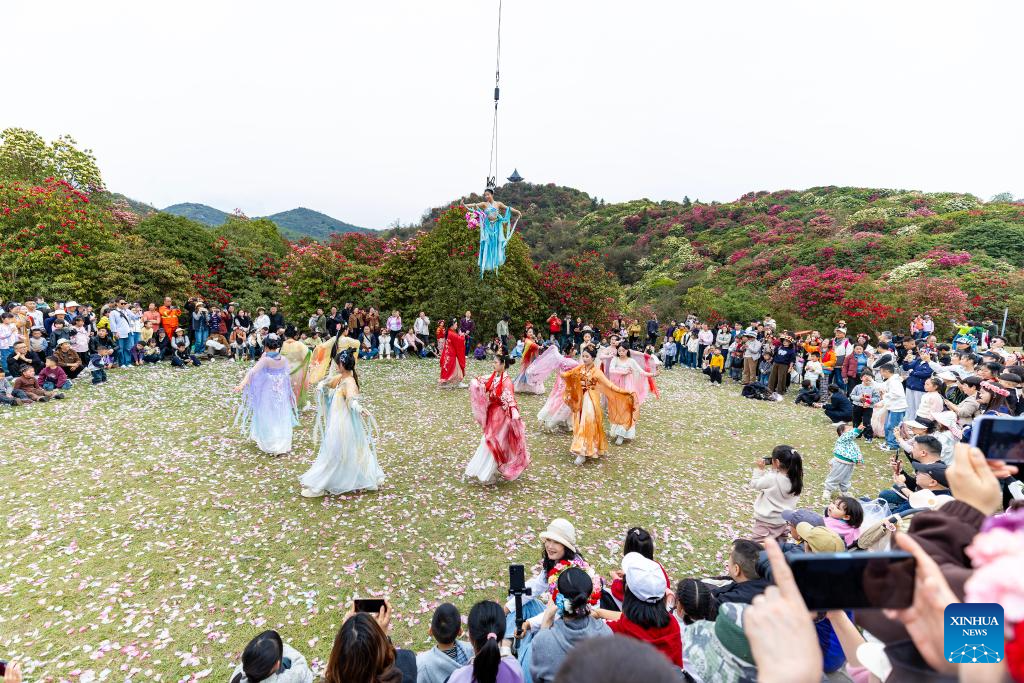 Pelancong melihat persembahan di sebuah kawasan pemandangan azalea di bandar Bijie, provinsi Guizhou, barat daya China, 29 Mac 2026. (Xinhua/Li Hua)
